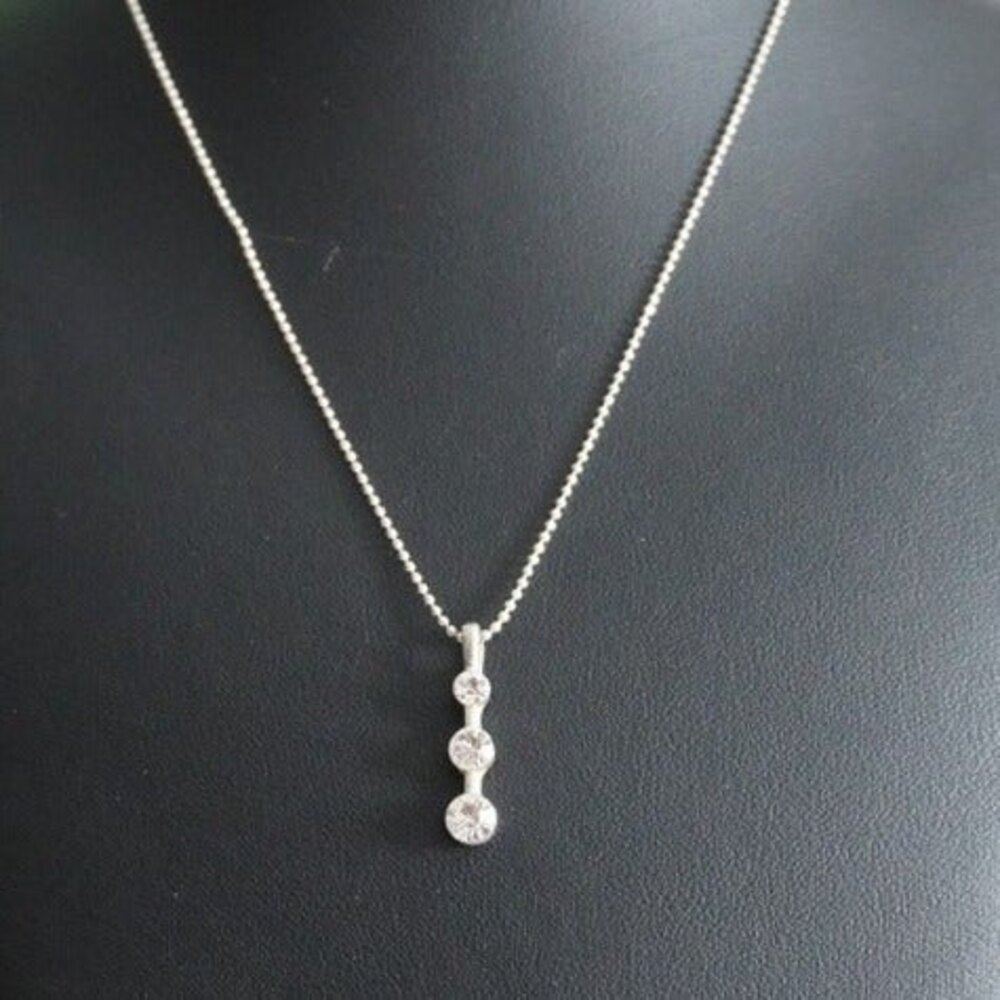 White Rhinestone Drop Pendant Necklace Silver Tone